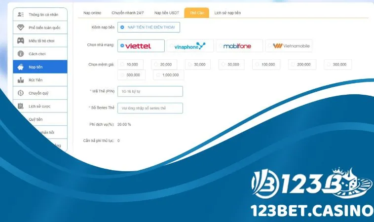 Nhà cái hỗ trợ nạp tiền code 123B không?
